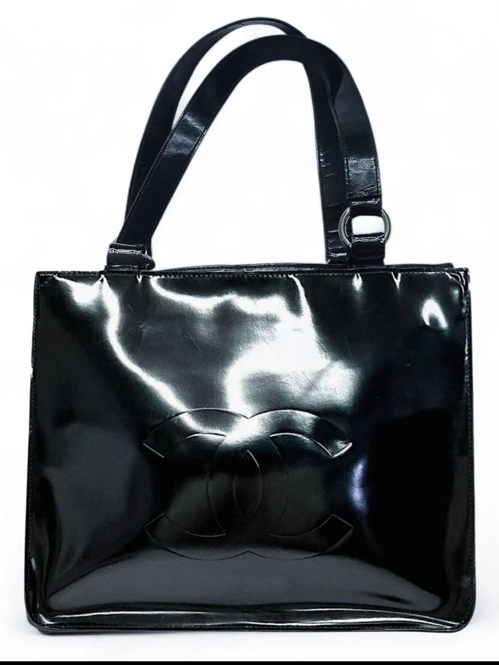 CHANEL Black Patent Leather Double-Handle Tote